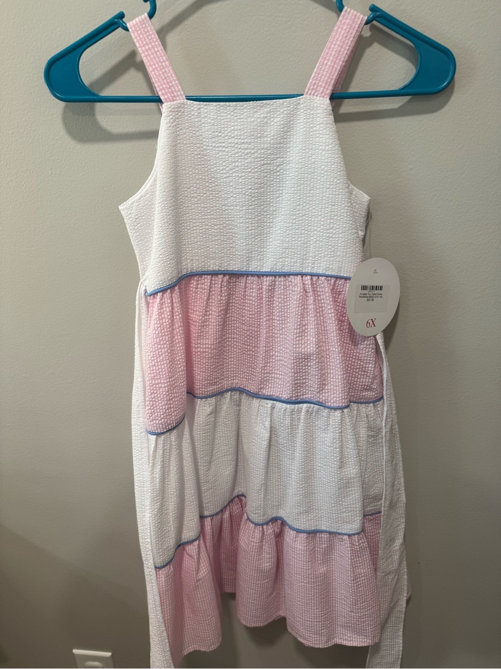 Girls White and Pink Tiered Seersucker Sundress